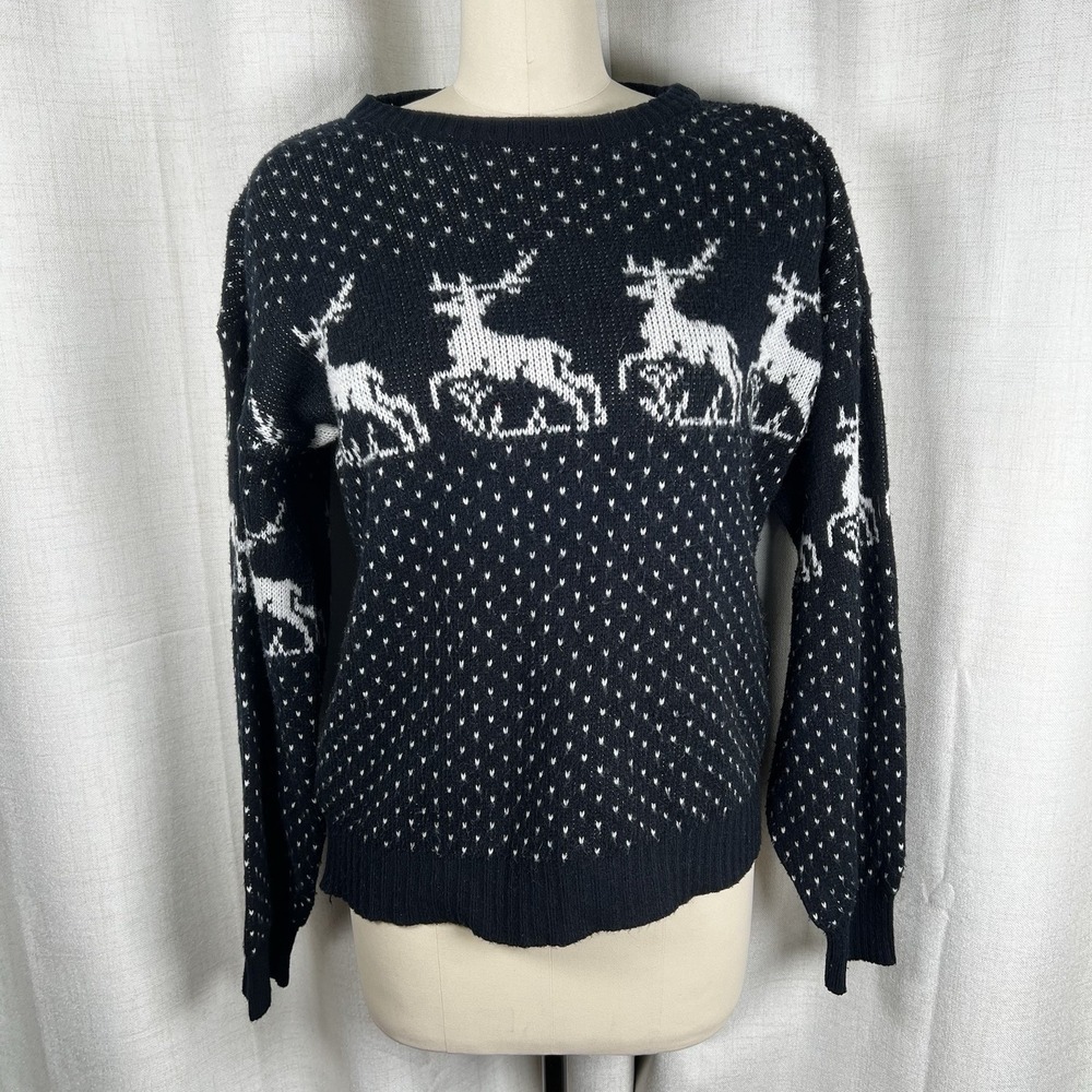 Vintage Circuit Christmas Holiday Sweater Black White Reindeer Snowflakes Medium